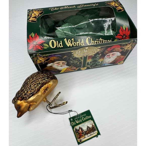 Old World Christmas Hedgehog Clip-On Glass Ornament Merck Family Box Tag 2007